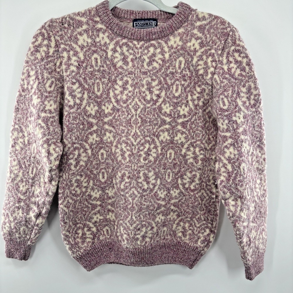 VTG 80's Lands End 100% Shetland Wool Fair Isle‎ Scotland Sweater Womens M Pink